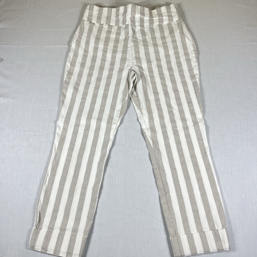 NY&C New York & Company Womens Large Striped Cropped Pants White Beige Pull On
